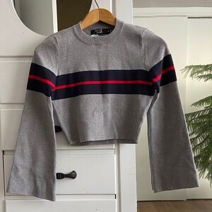Elegant Cropped Grey Crew neck with navy blue and Red Stripes Size XS